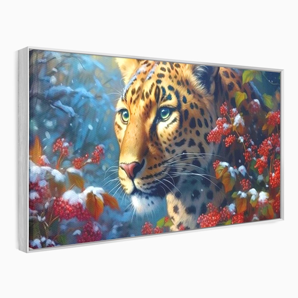 Tablou canvas cu tablou canvas cu jaguar in zapada, in rama de aluminiu argintiu